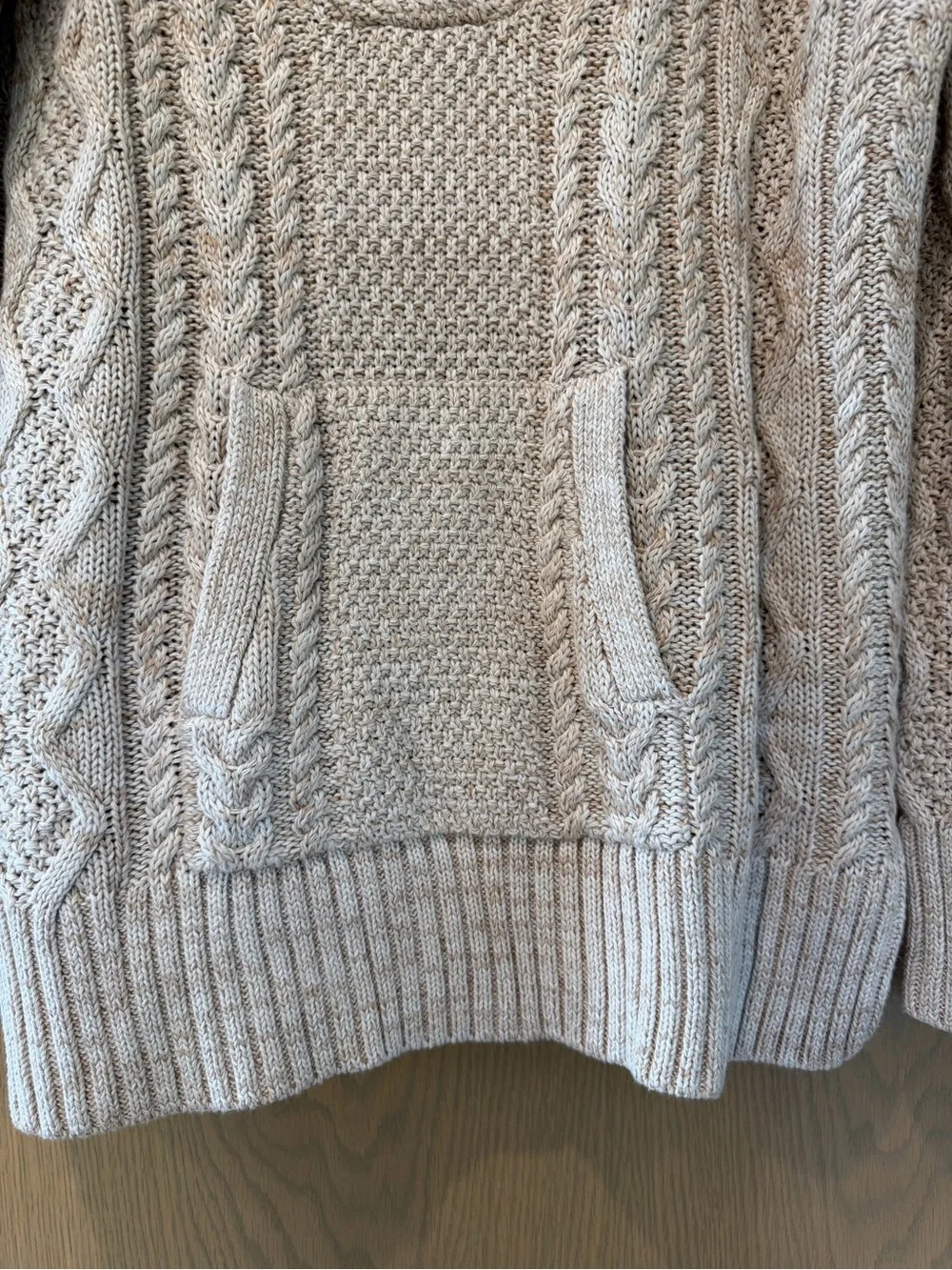 Lauren Ralph Lauren Cream Heather Cable-Knit V-Neck Hoodie Sweater Cotton LG - Picture 3 of 12